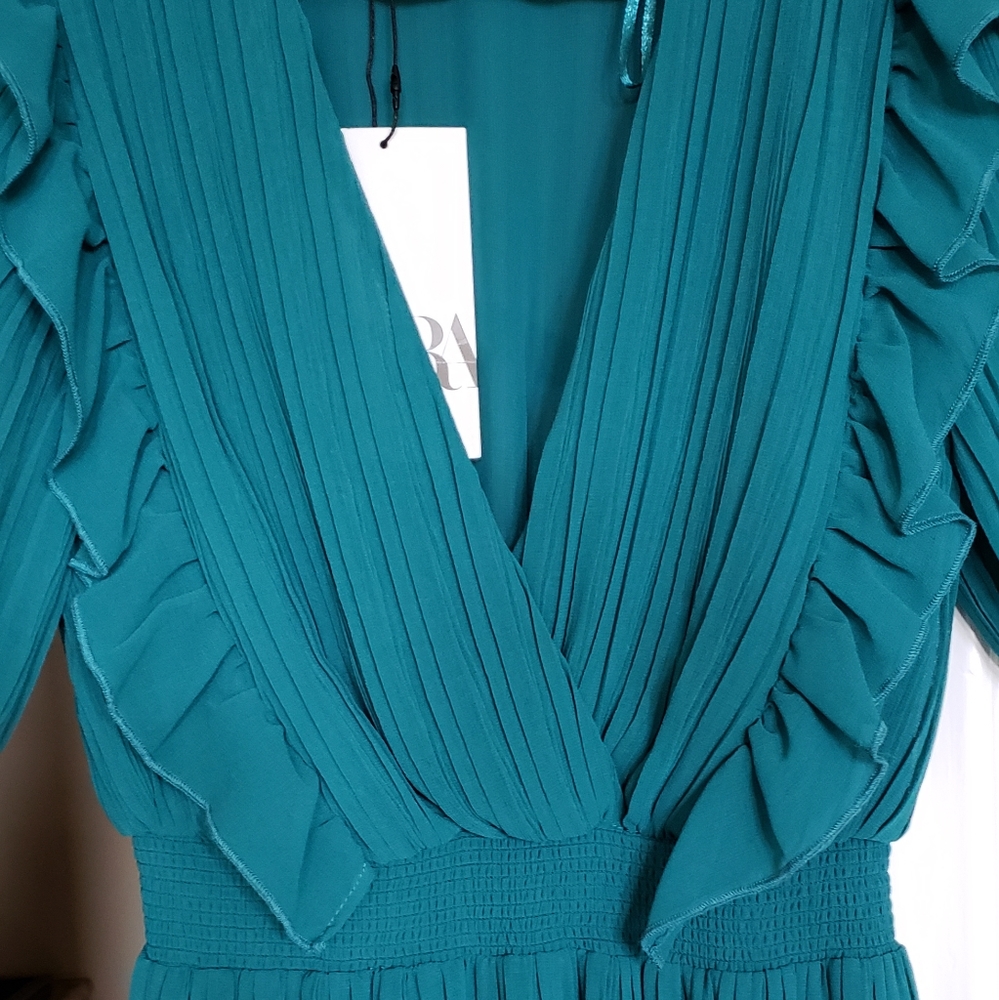 ZARA Pleated Emerald Dress Sz XS - Picture 7 of 7